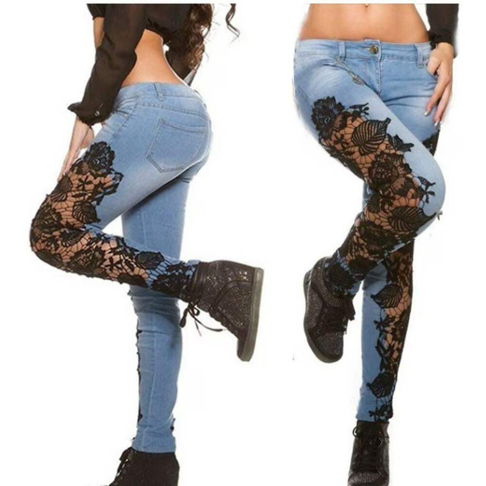 Thin Blue Denim Jeans w/ Black See-Through Lace on Side Legs - Size XL
